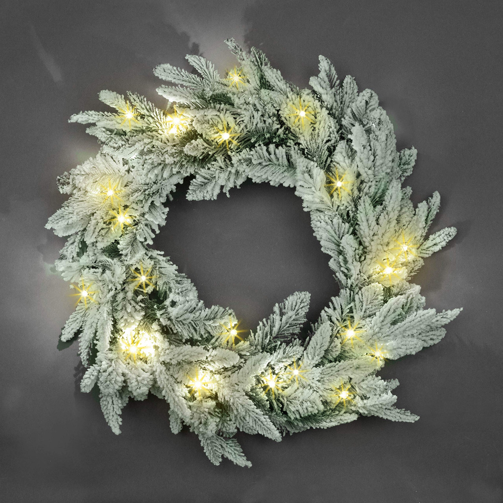 Shatchi Pre-Lit Lapland Fir Snow Flock Christmas Wreath 55cm Image 2