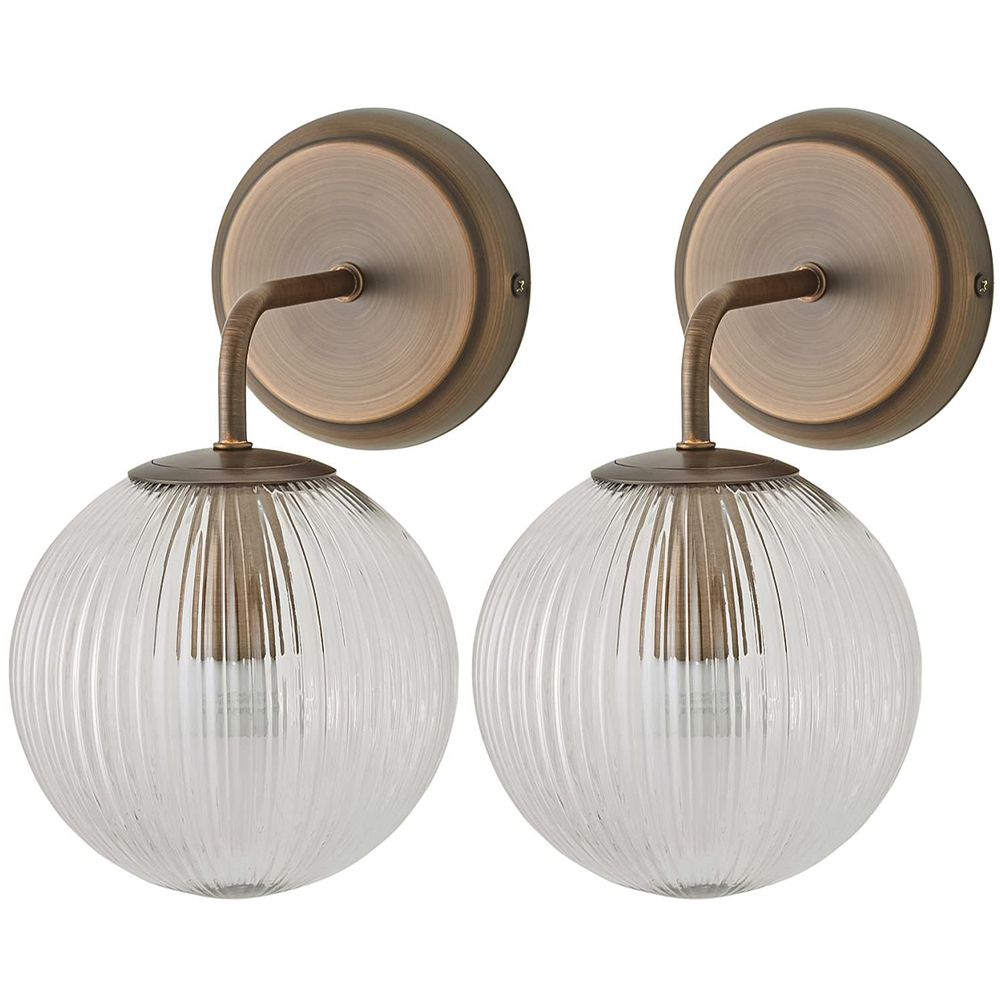 ValueLights Kempton Brushed Brass Ribbed Globe Shade Wall Light with Bulb 2 Pack Image 1