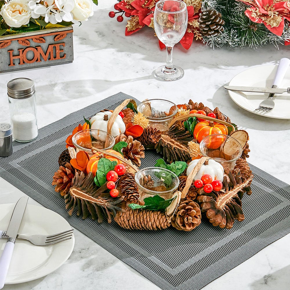 Living and Home Wreath Candle Holder with Maple Cone Berries and Pumpkins 30cm Image 2
