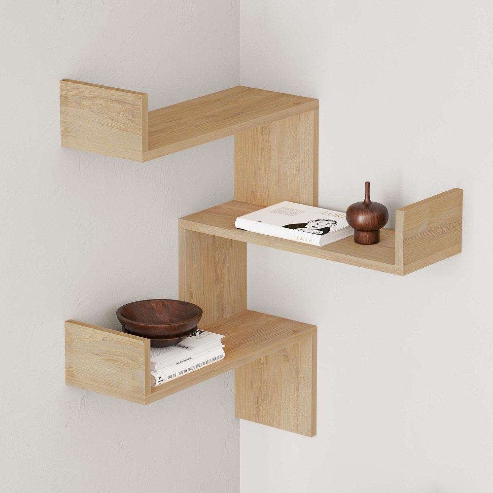 Decortie Luksa 3 Shelf Oak Modern Corner Wall Mounted Bookcase Image 3