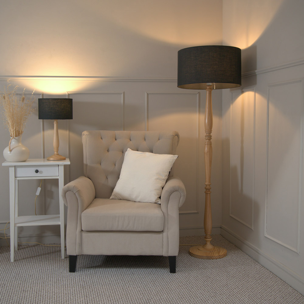 ValueLights Victoria Charcoal Fabric Drum Shade Light Wood Traditional Stem LED Table Lamp Image 4