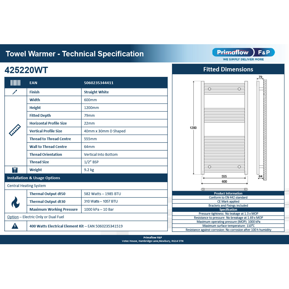 Prorad 2 White Straight Towel Rail 600 x 1200mm Image 2