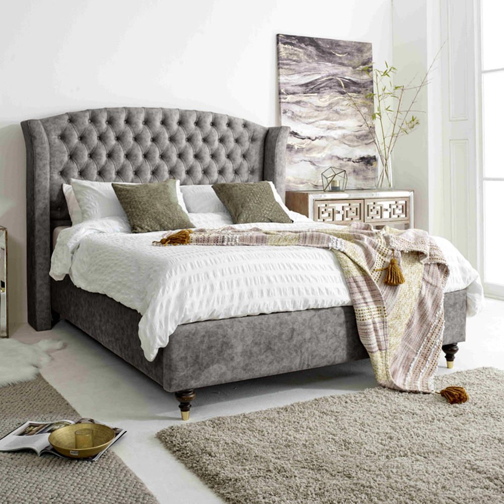 Eleganza Roseland Double Grey Oakland Fabric Bed Frame with Chesterfield Headboard Image 1
