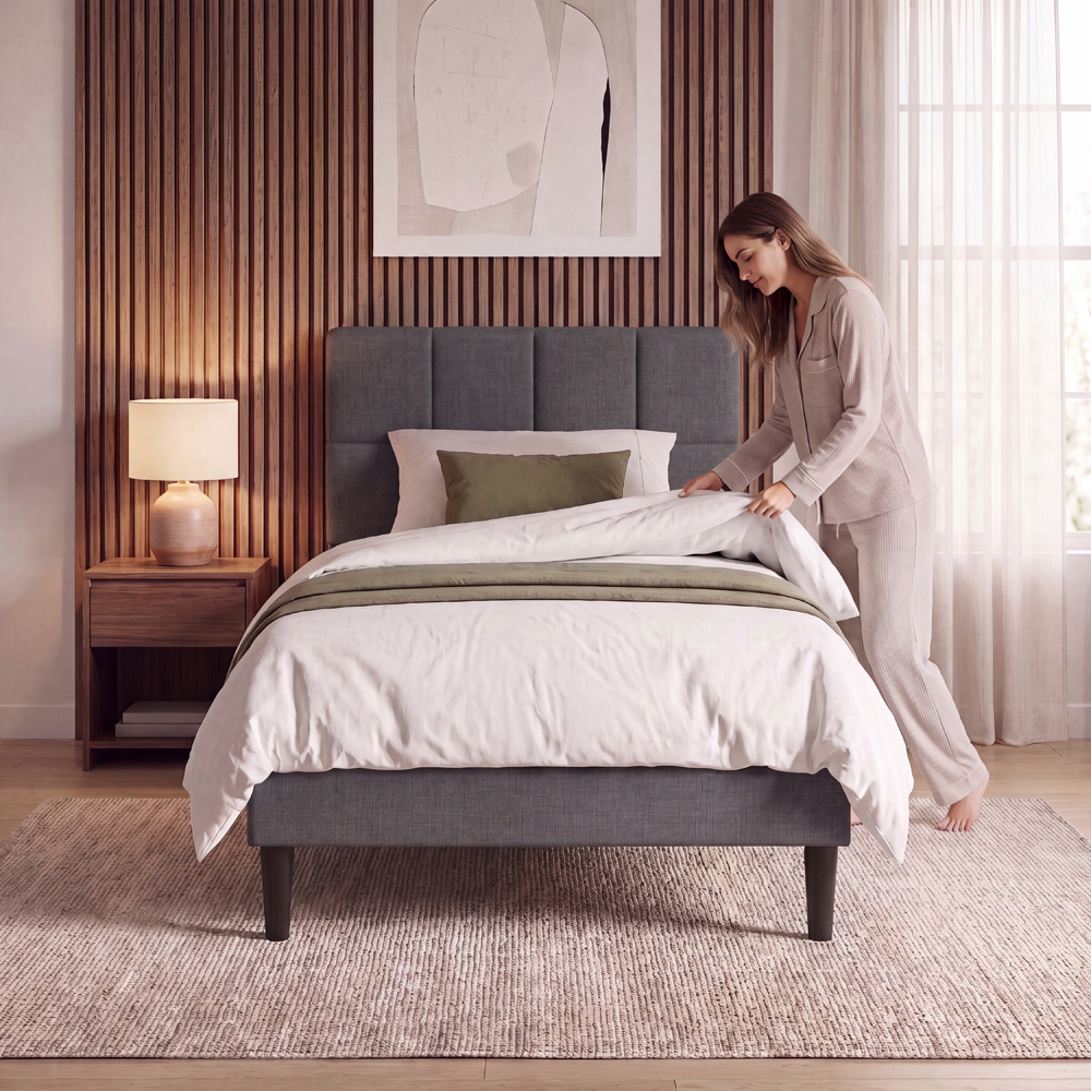 VIDA DESIGNS Velmora Single Dark Grey Linen Fabric Bed with Memory Foam Bonnell Spring Mattress Image 3