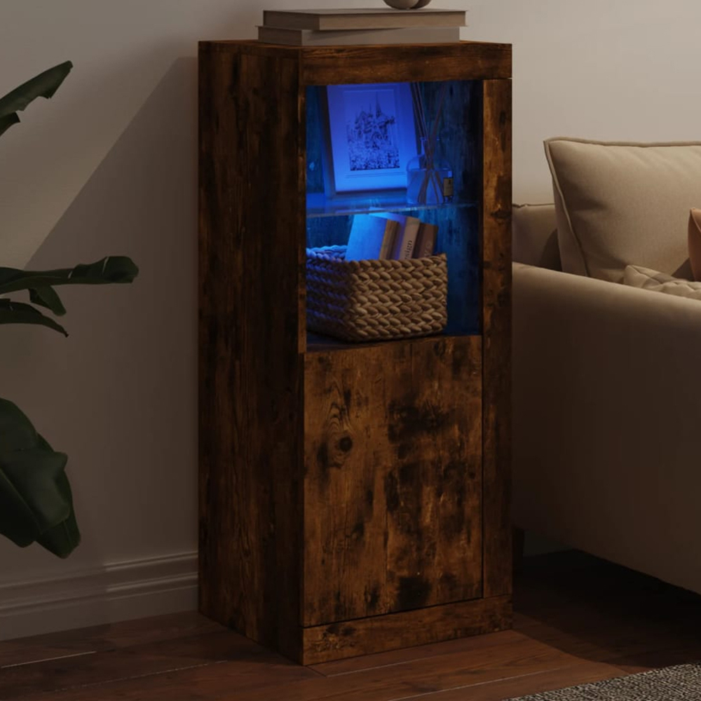 vidaXL Single Door 2 Shelf Smoked Oak Sideboard with RGB LED Lights Image 1