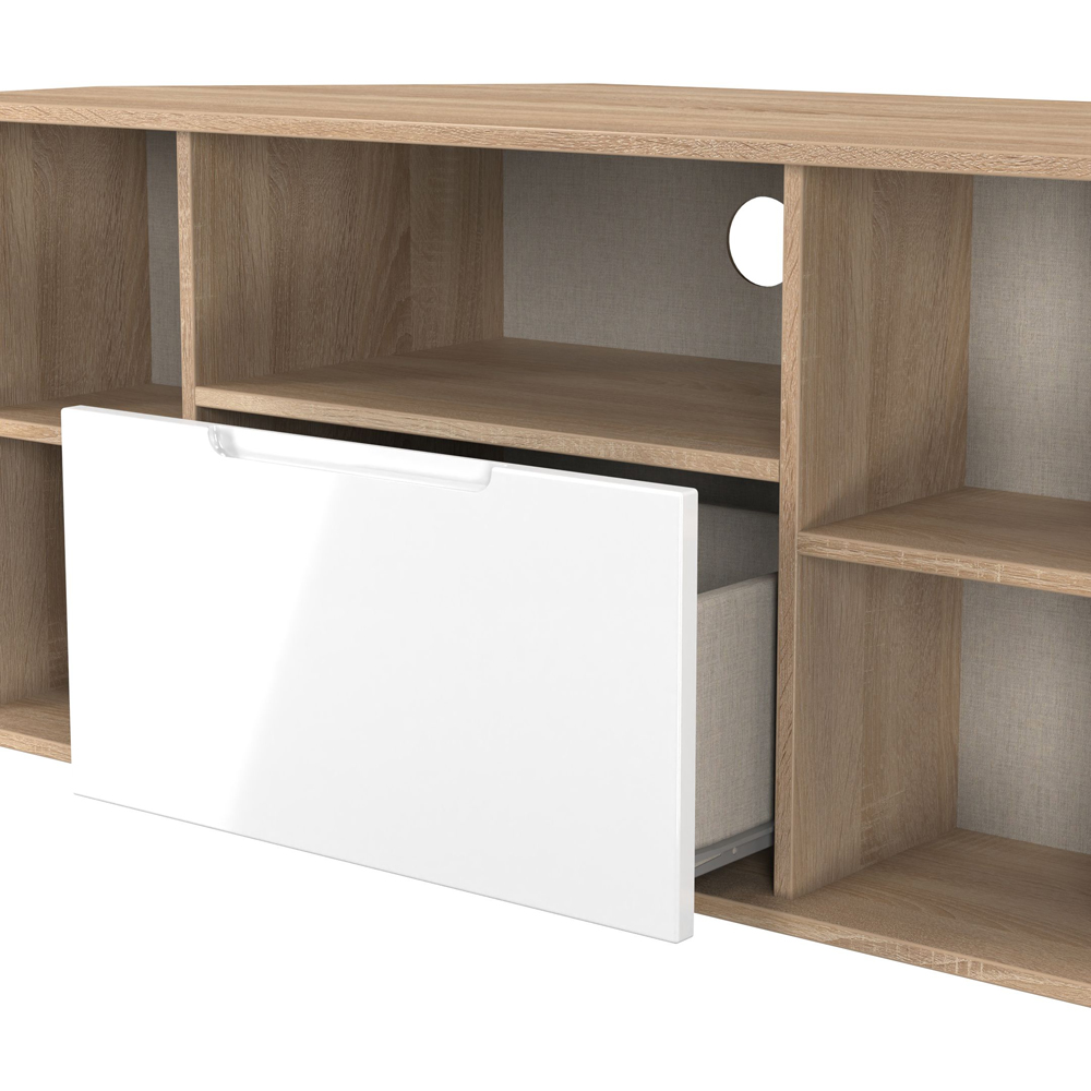 Crowndale Milan Single Drawer 5 Shelf White Gloss and Bardolino Oak Corner TV Unit Ready Assembled Image 6