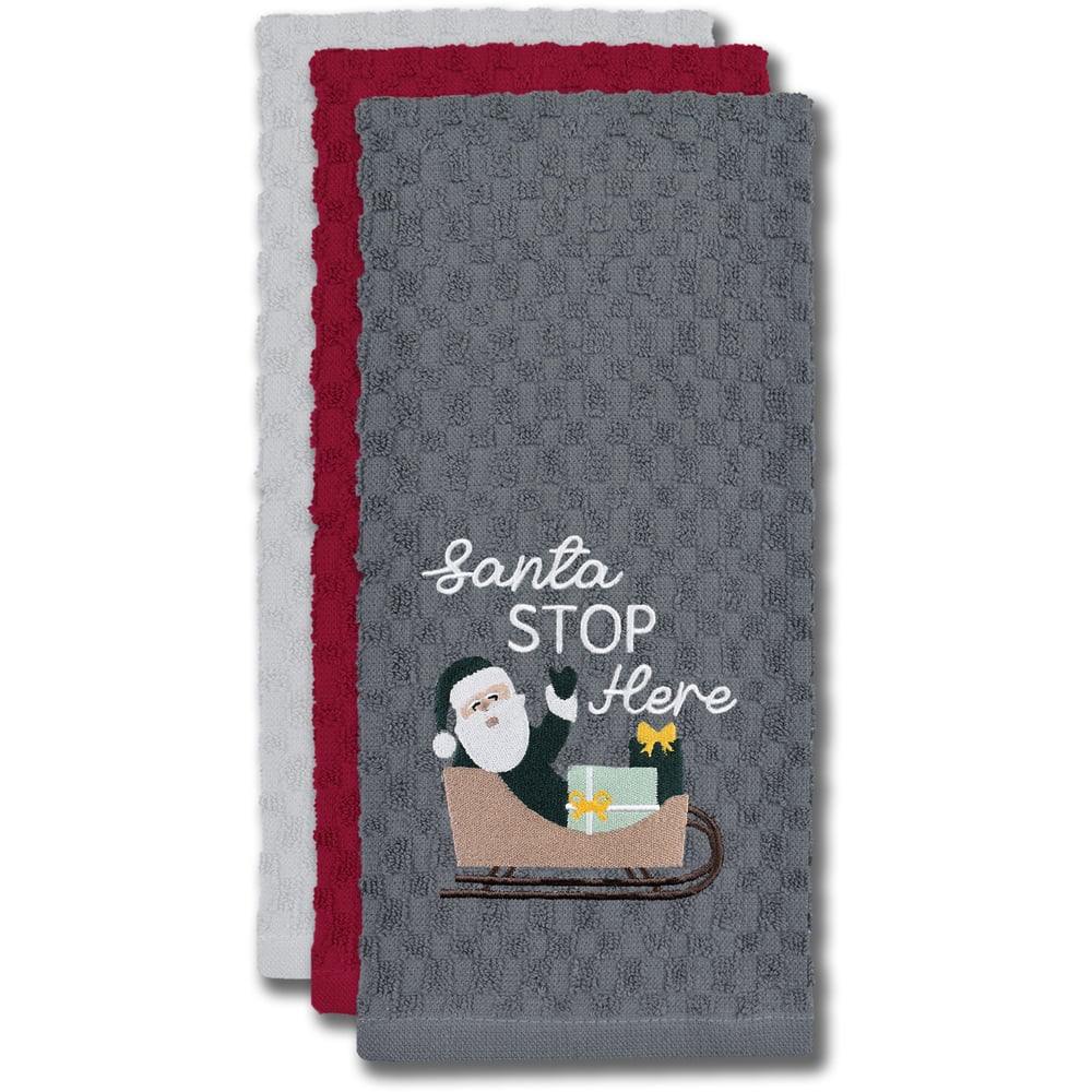 Noel Square Santa Stop Grey Tea Towel 3 Pack Image 3