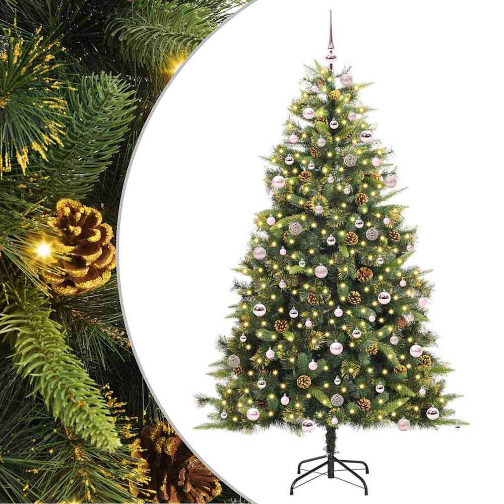 vidaXL Pre-Lit Pink Baubles and Pinecones Green Artificial Christmas Tree 8ft Image 2