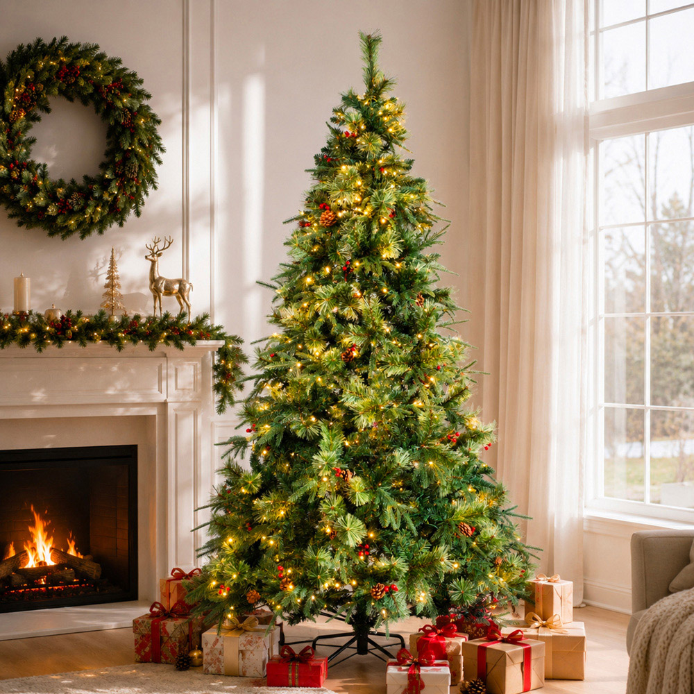 Abrihome 450 Warm White LED Pre-Lit Artificial Christmas Tree with Berries and Pinecones 7.5ft Image 3