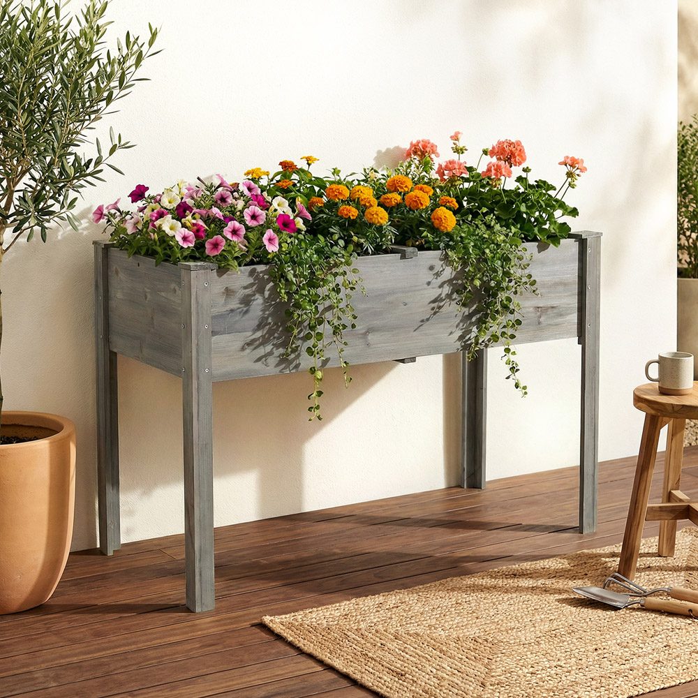 Living and Home Grey Elevated Fir Wood Garden Bed with Drainage Holes Image 2