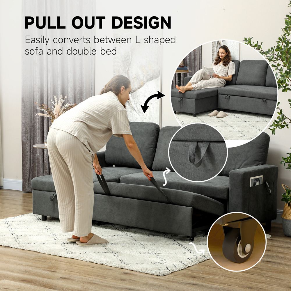 HOMCOM 3 Seater Dark Grey L Shape Pull Out Corner Sofa Bed Image 8