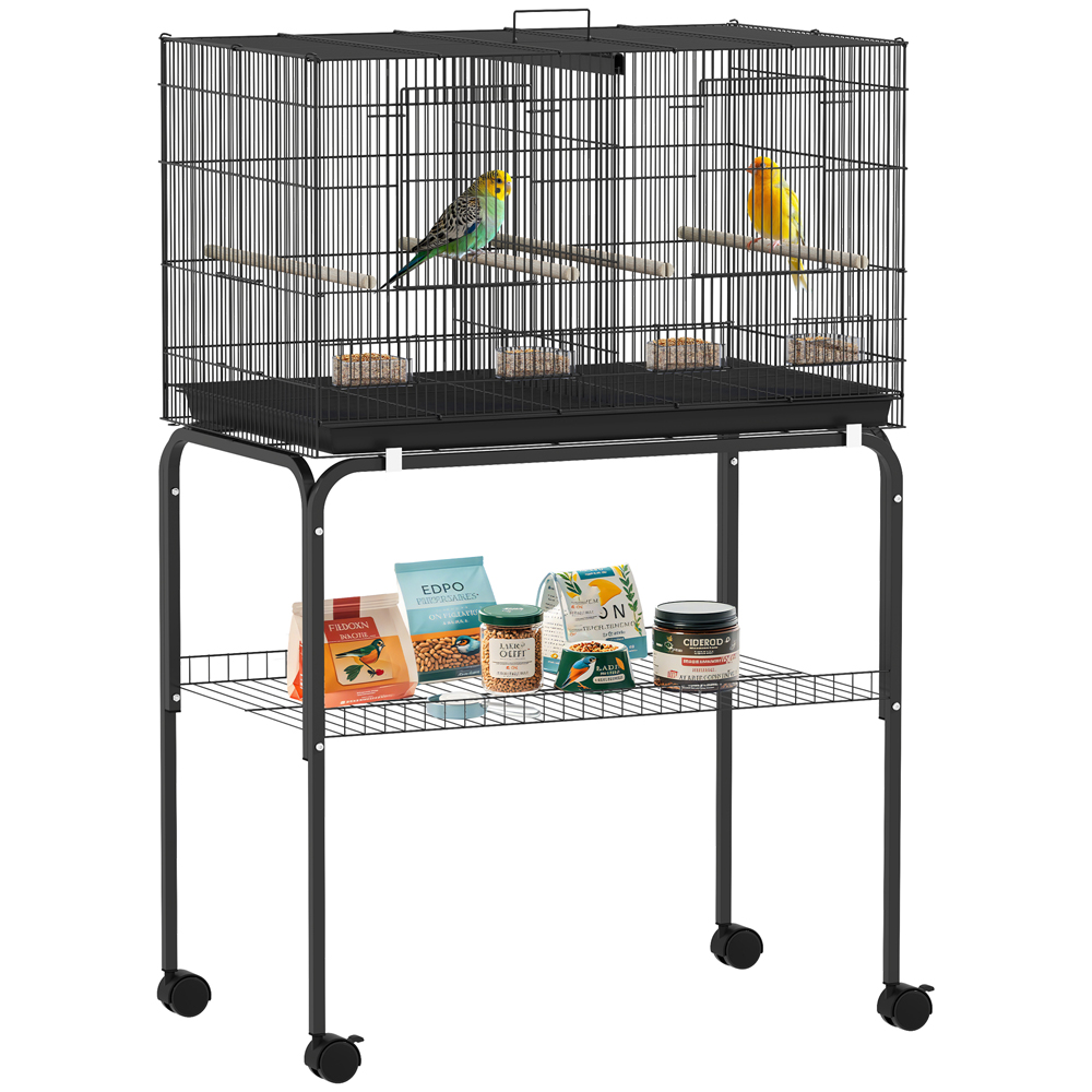 PawHut Black 4 Wooden Perches Bird Cage with Divider and Tray Image 3