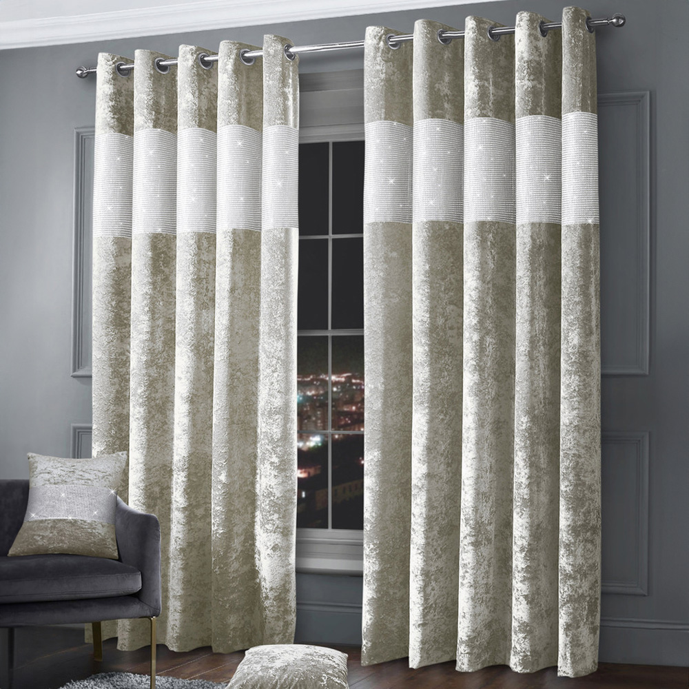 Intimates Diamante Natural Crushed Velvet Eyelet Curtains 223 x 223cm Image 1
