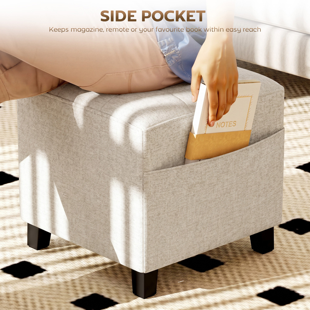 HOMCOM Beige Small Ottoman Pouffe Stool with Side Pocket Image 4
