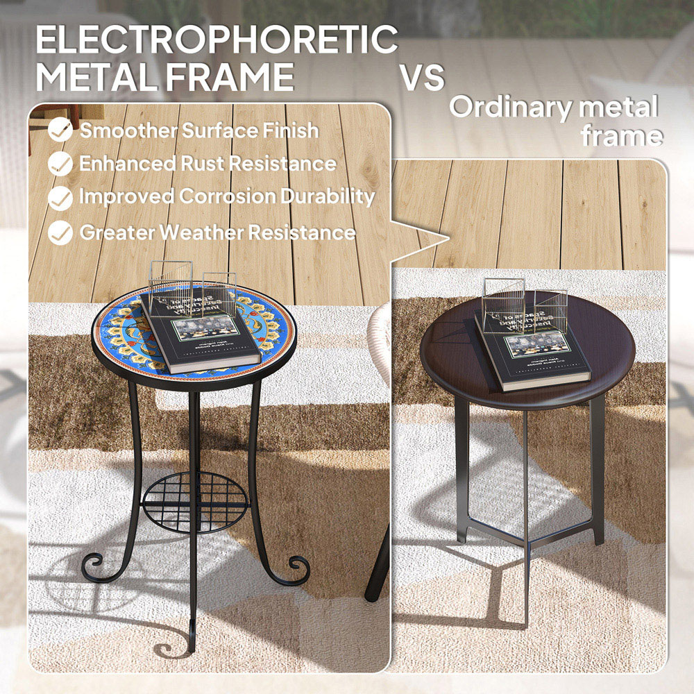 Outsunny Single Shelf Blue Round Mosaic Garden Side Table Image 6