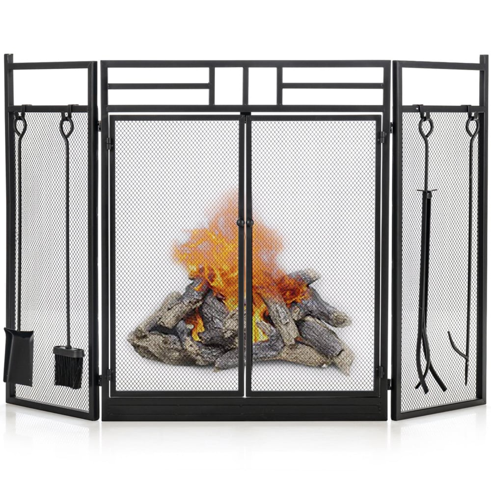 Costway 3 Panel Black Folding Fireplace Screen with Tools Set Image 3