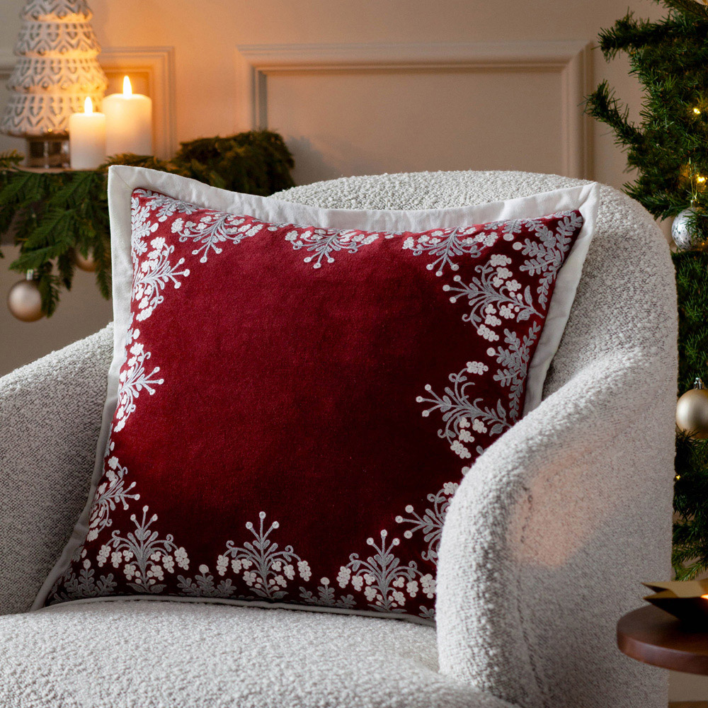Paoletti Winter Bloom Embroidered Red Cotton Velvet Cushion 50 x 50cm Image 5