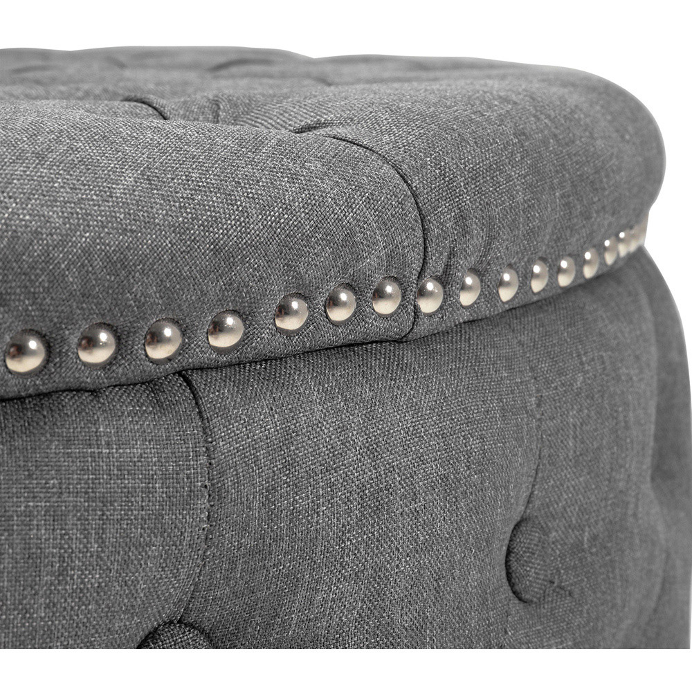 Living and Home Light Grey Linen Round Buttoned Ottoman with Studded Edge Image 5
