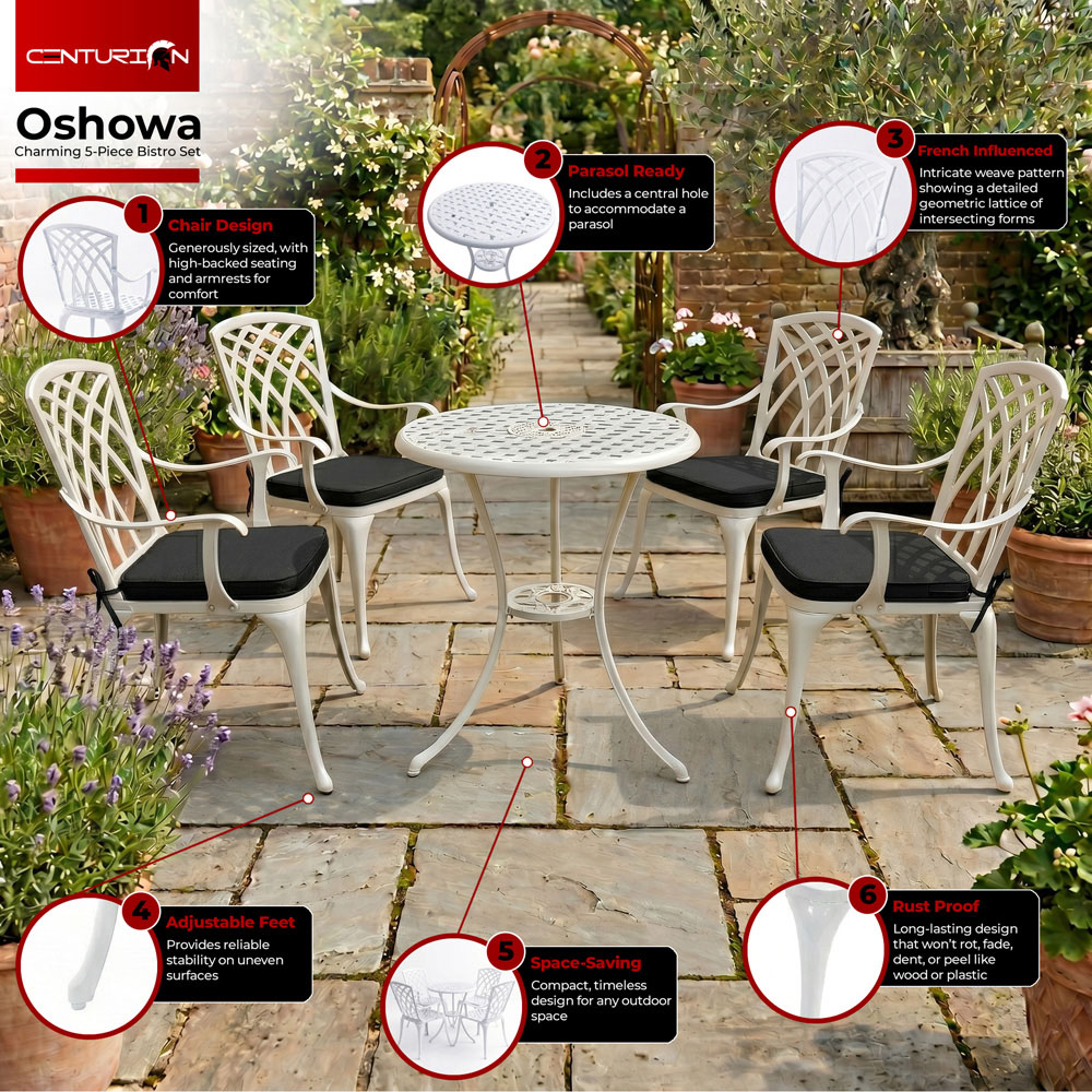 Centurion Oshowa 4 Seater White and Black Cast Aluminium Garden Bistro Set with Cushions Image 5