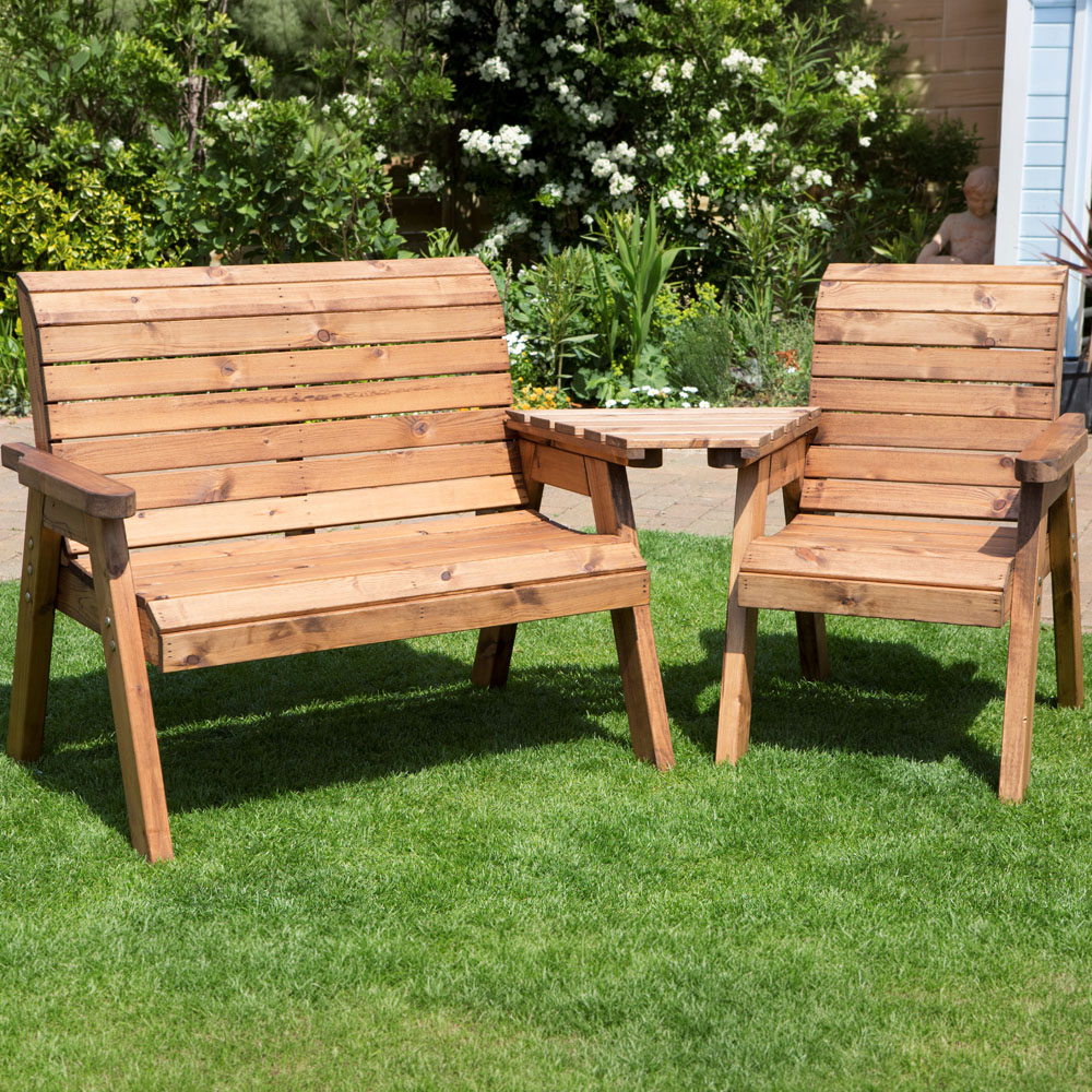 Samuel Alexander 3 Seater Rustic Wooden Garden Furniture Set with Angled tray Image 1