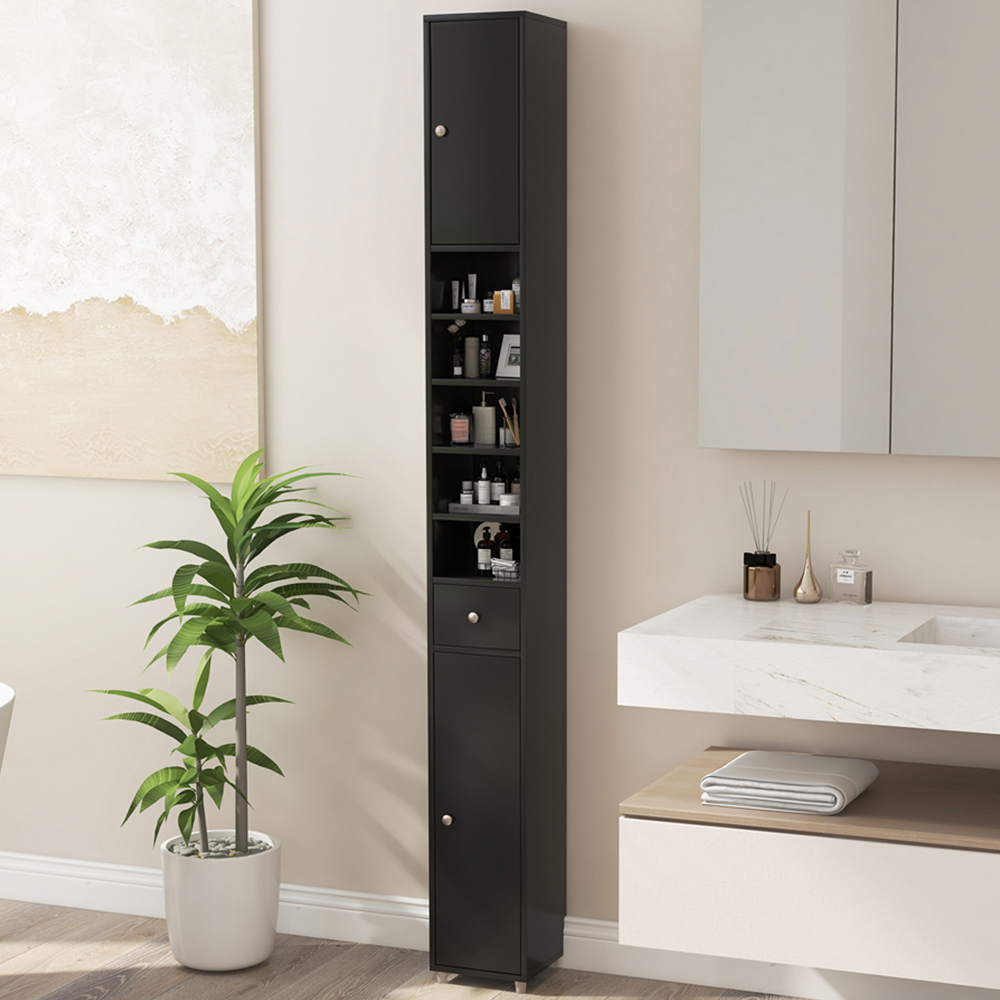 Costway 2 Door Single Drawer Black Tall Bathroom Cabinet Image 1