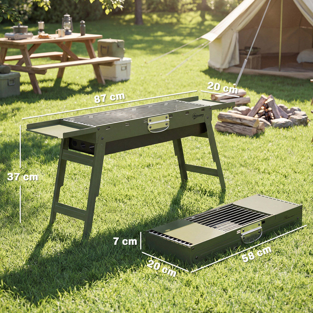 Outsunny Green Charcoal BBQ Grill with 2 Side Shelves and Handle Image 9