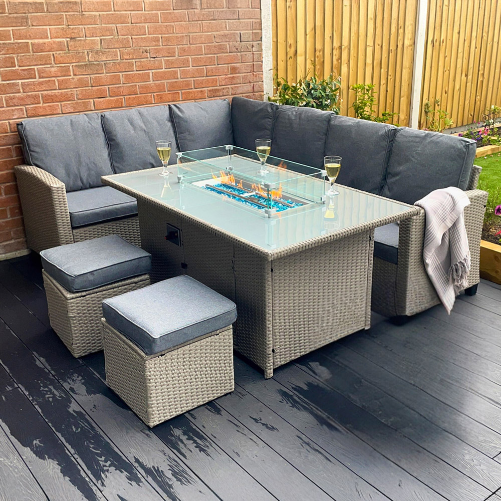Outdoor Living The Conwy 8 Seater Corner Gas Firepit Rattan Dining Set Grey Image 1