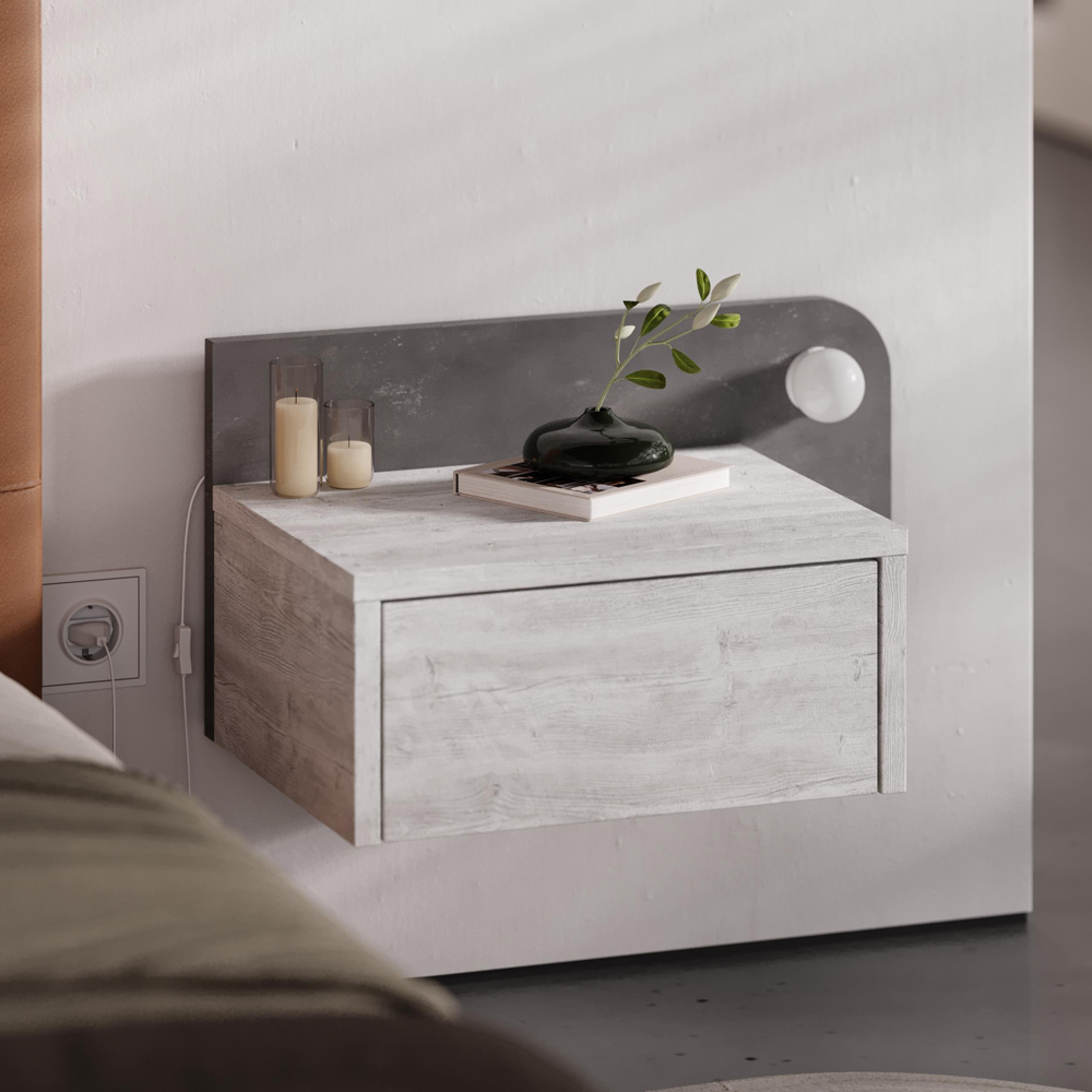Decortie Dotta Single Drawer Ancient White Wall Mounted Bedside Table with Night Light Image 4