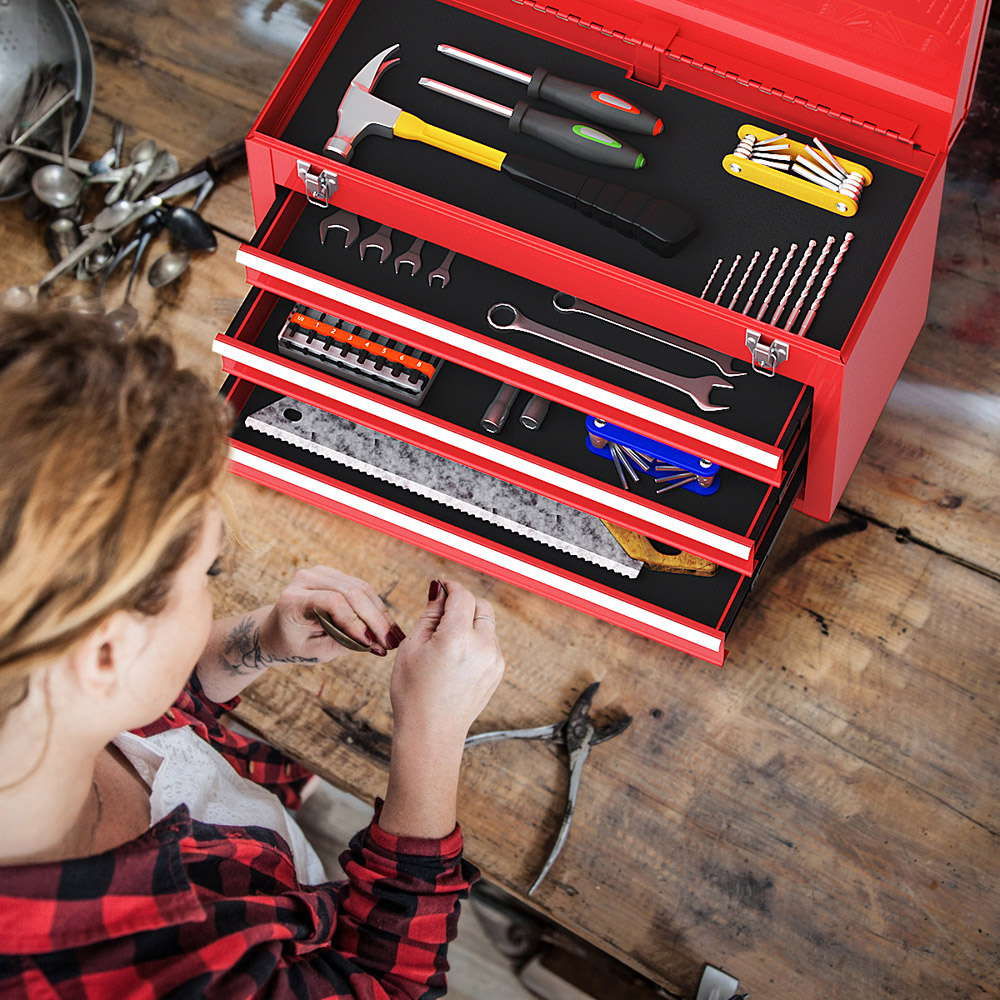 Costway 3 Drawer Red Portable Steel Tool Box with Top Storage Tray Image 4