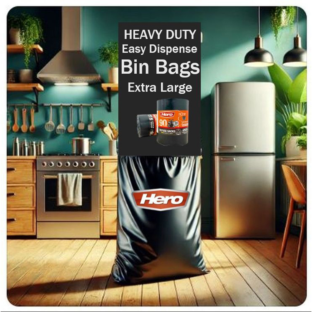 Hero Extra Strong Bin Bags Refuse Sacks with Tie Top Black 90L 270 Pack Image 4