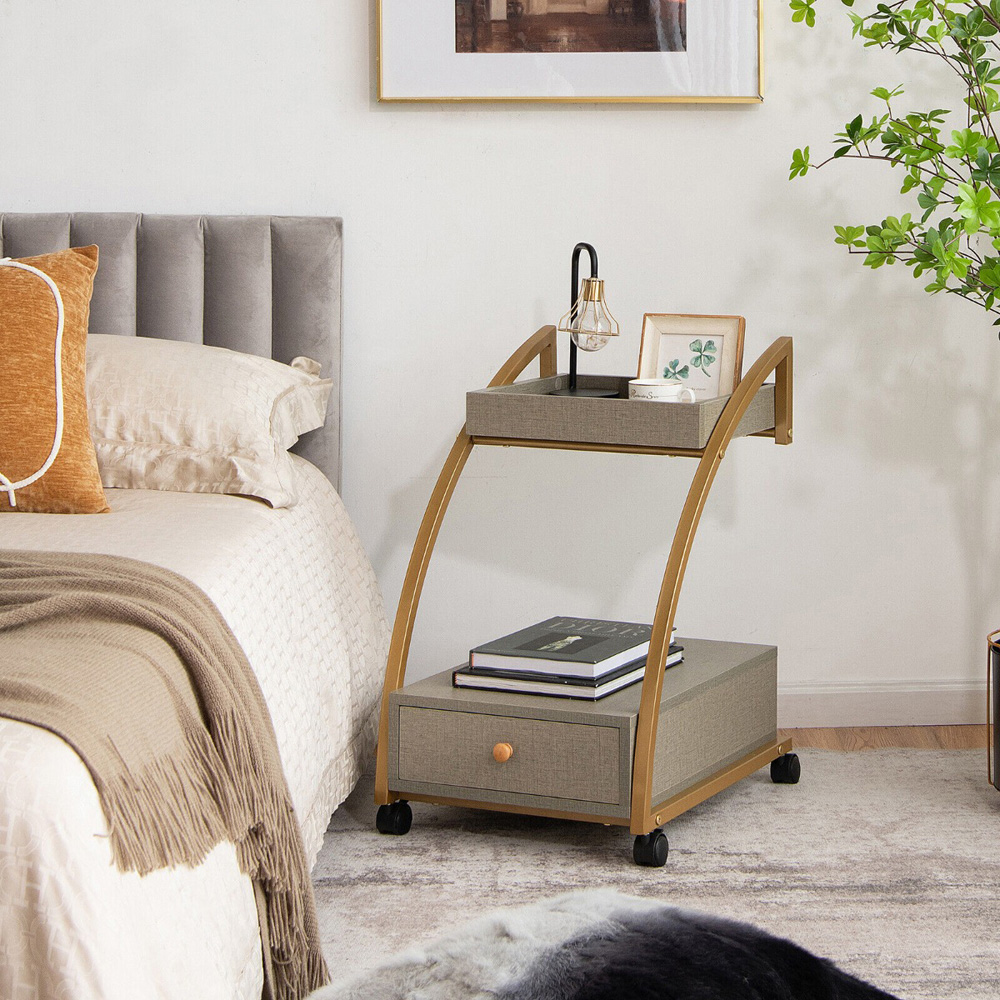 Costway Single Drawer 2 Shelf Grey Rolling End Table Image 4