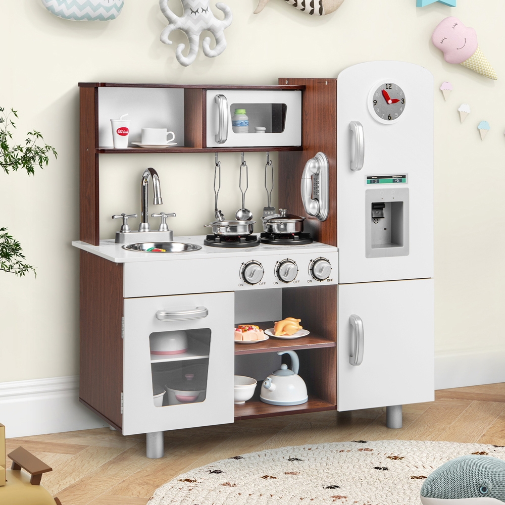 Costway Kids Brown Kitchen Play Set with Realistic Lights Image 2
