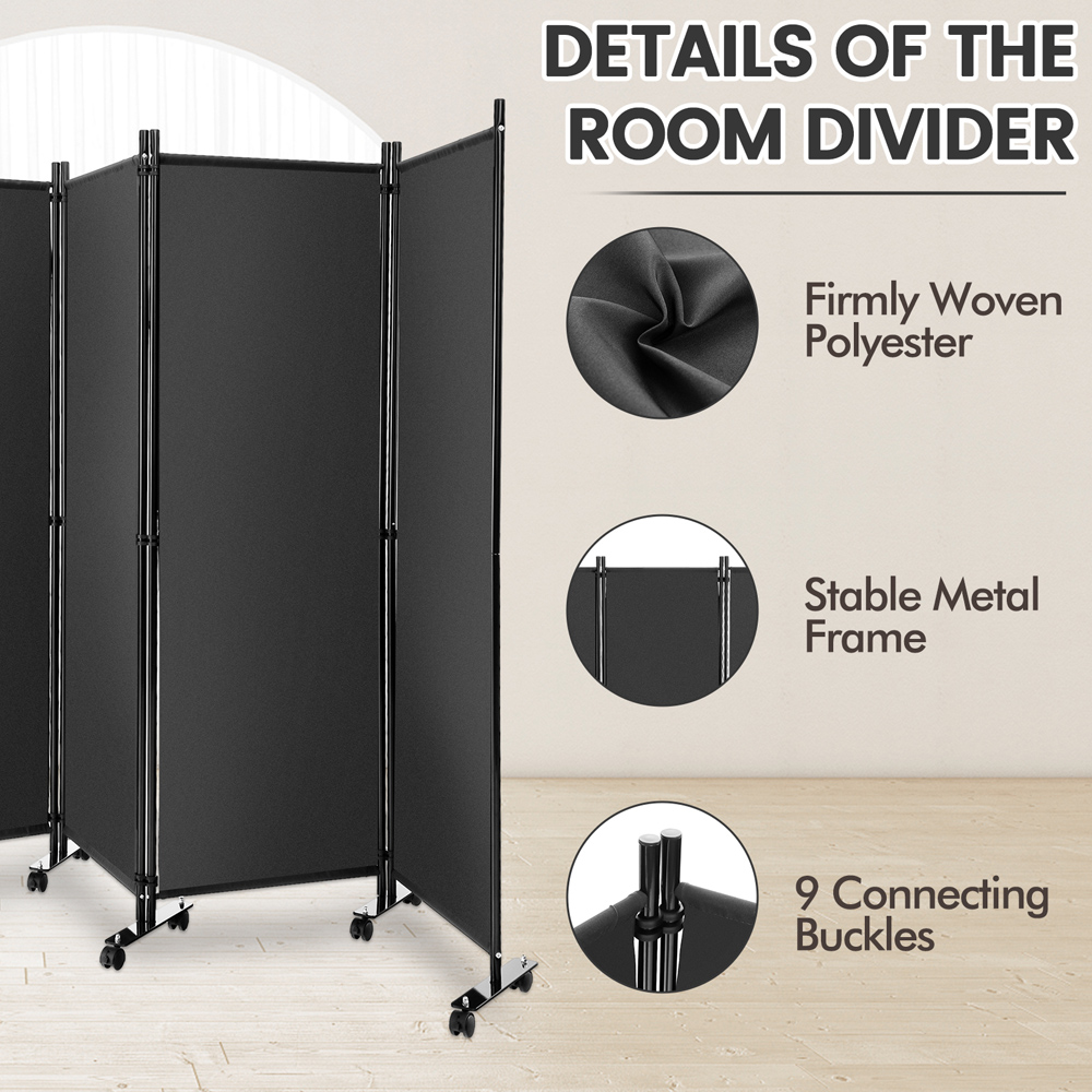 Costway 4 Panel Grey Folding Room Divider with Wheels Image 5