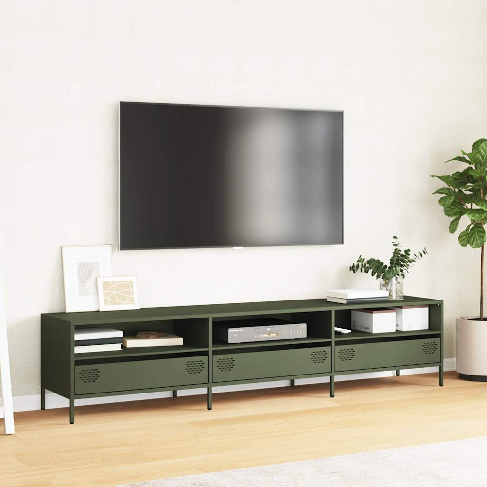 vidaXL 3 Drawer 3 Shelf Olive Green Cold-Rolled Steel TV Cabinet Image 7