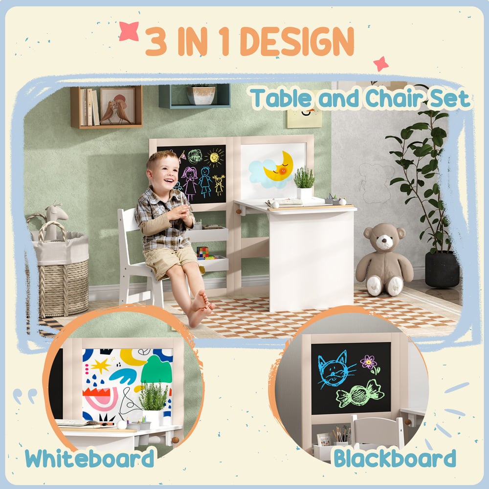 AIYAPLAY 3-in-1 White Kids Table and Chair Set with Whiteboard and Blackboard Image 4