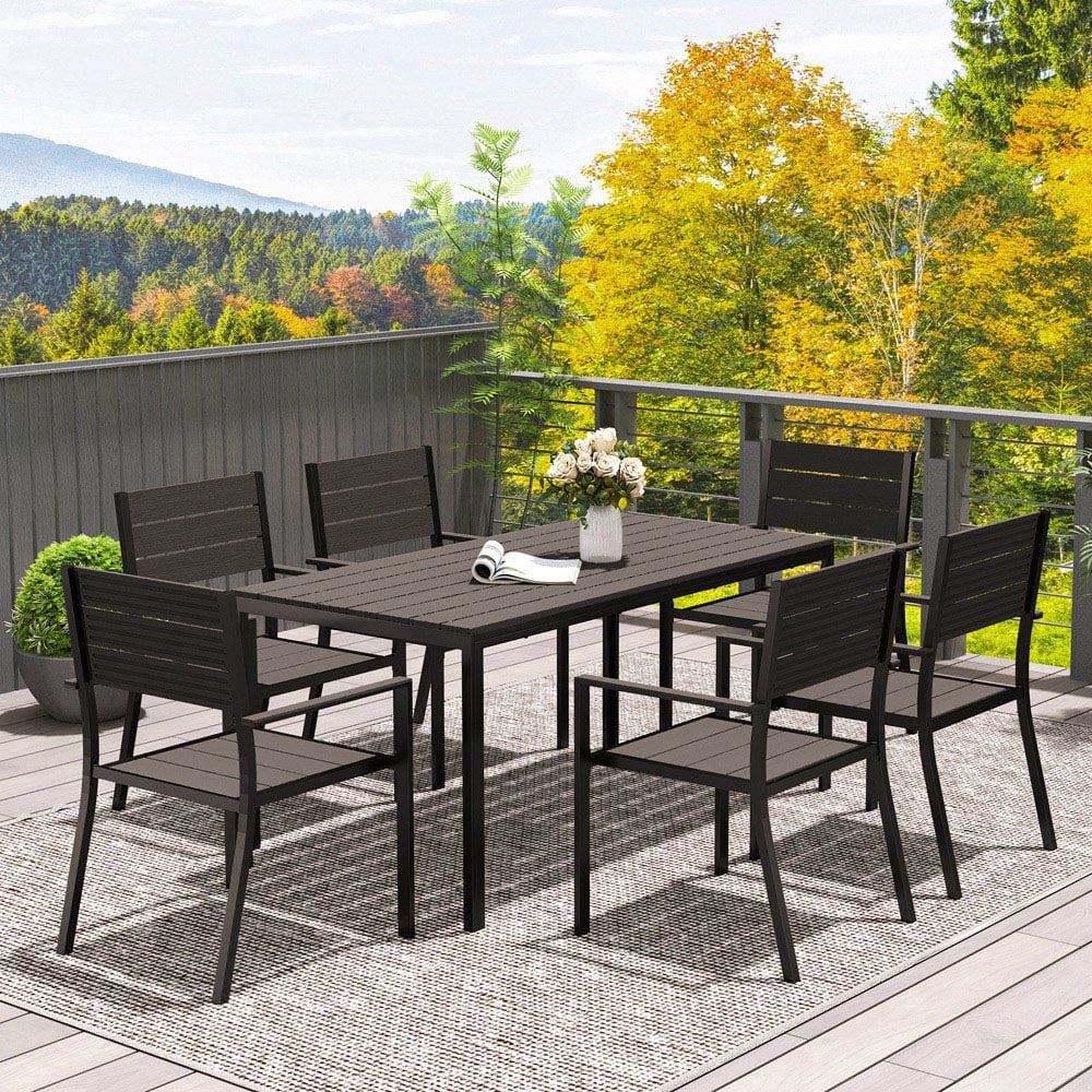 Outsunny 6 Seater Steel Garden Dining Set with Stackable Chair Black Image 3