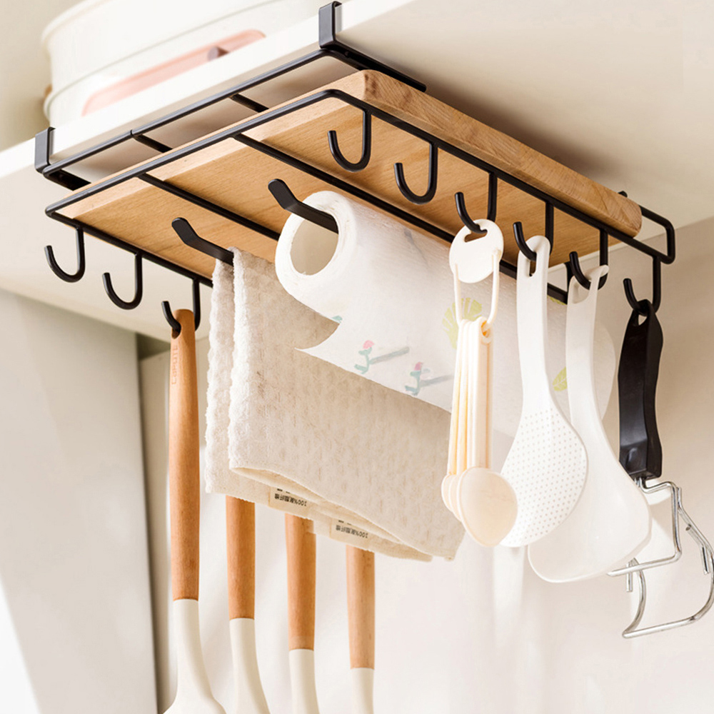 Living and Home Black Under Cabinet Storage Rack with Hooks and Hanger Bars Image 2