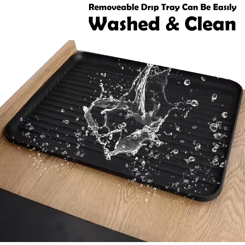 ATEK Black Wooden Handle Dish Drying Rack with Drain Tray and Cutlery Holder Image 6