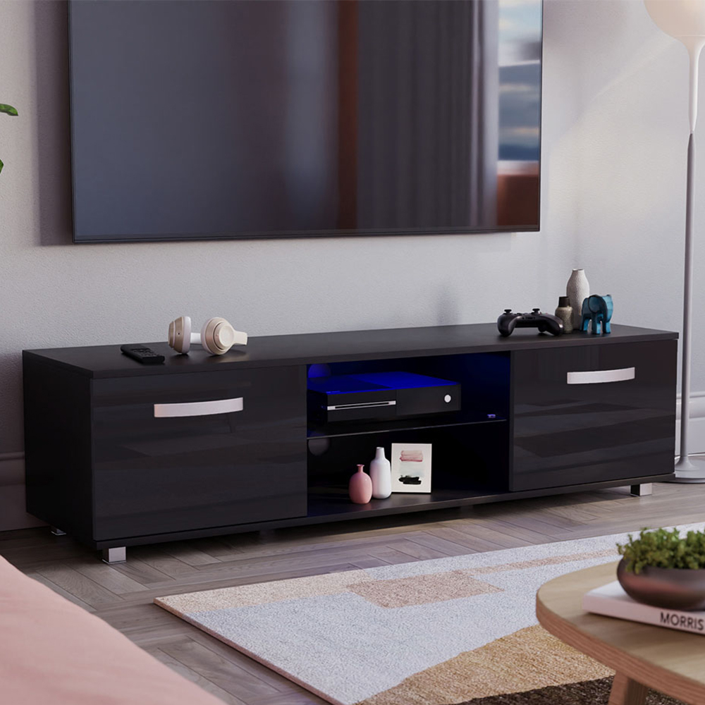 Vida Designs Cosmo 2 Door 2 Shelf Black Medium TV Unit with LED Image 1