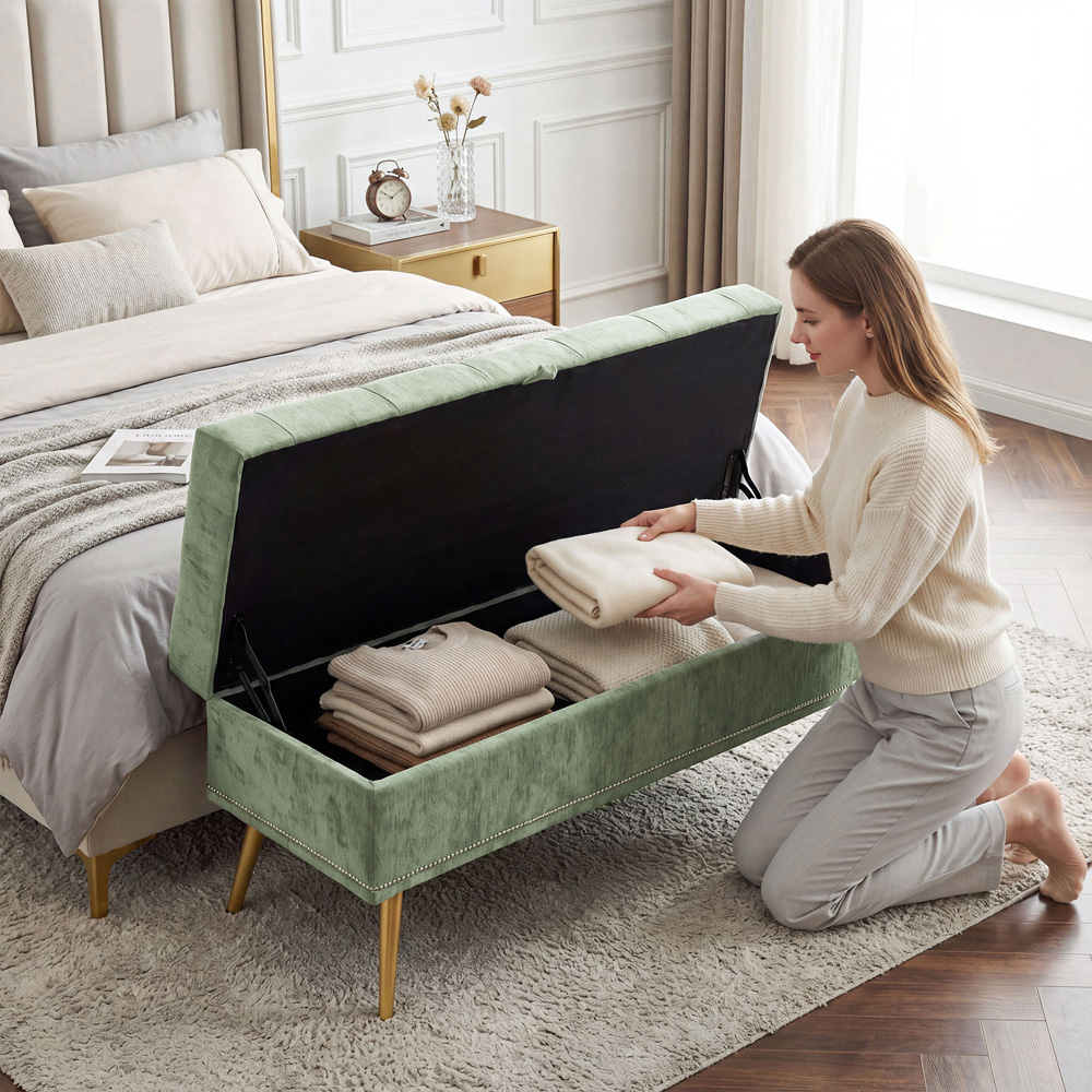 HOMCOM Light Green Chenille Ottoman Storage Box Image 4
