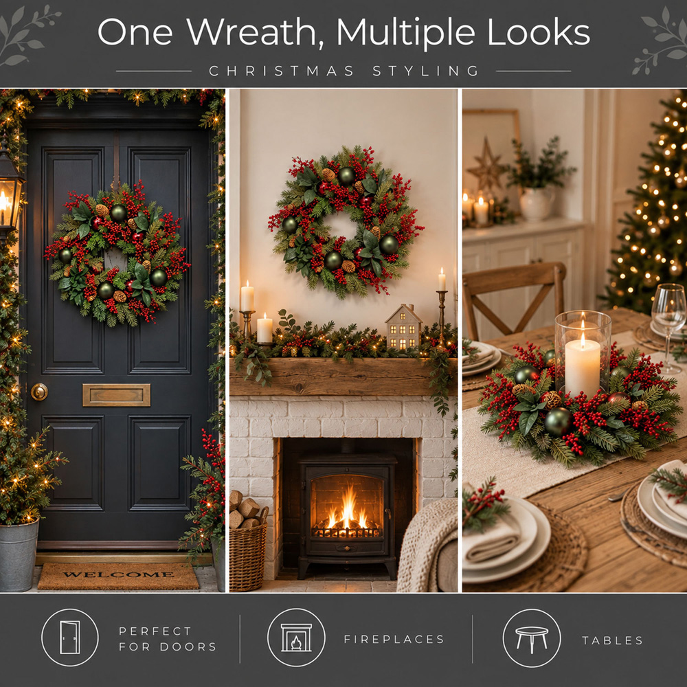 Neo Green and Red Artificial Christmas Wreath with Berries and Pine Cones 50cm Image 6