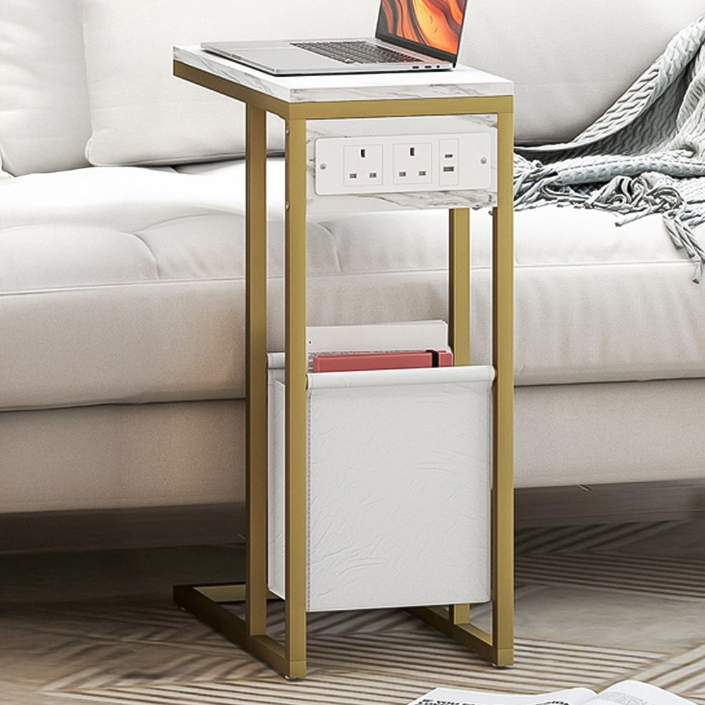 HOMCOM Faux Marble C-Shape Side Table with Charging Station and Storage Bag Image 1