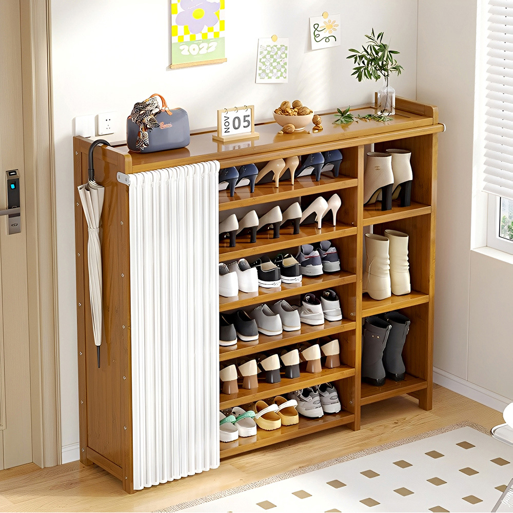 Living and Home 9 Shelf Natural Bamboo Shoe Rack with Dust Cover Image 7