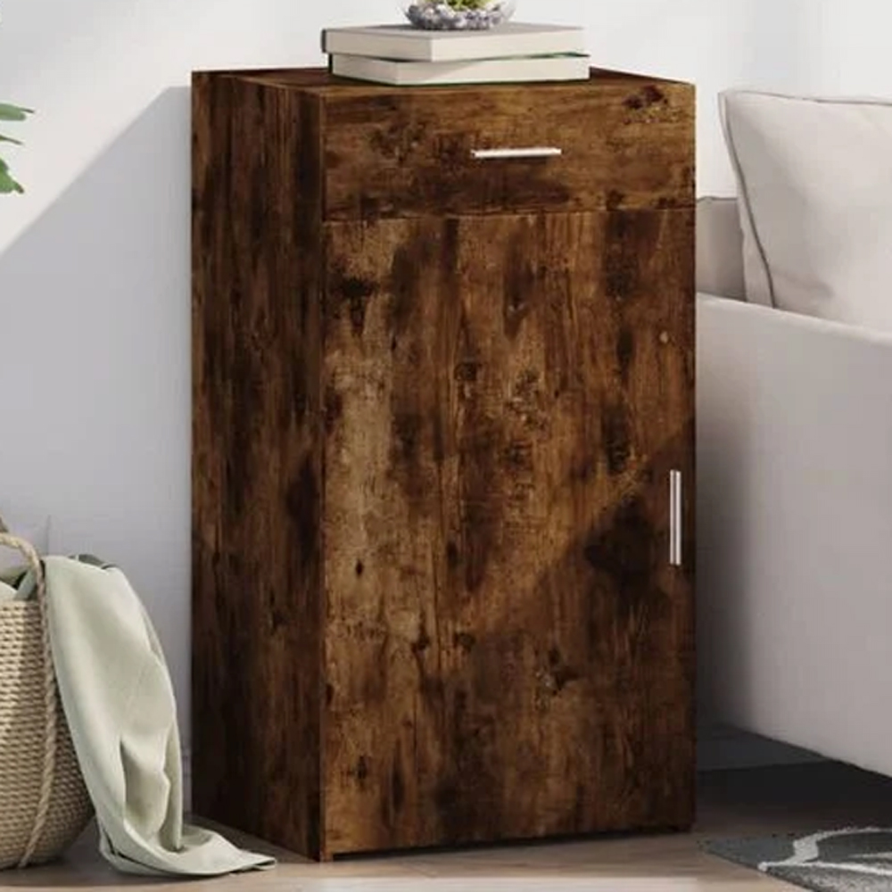 vidaXL Single Door Single Drawer Smoked Oak Sideboard Image 1