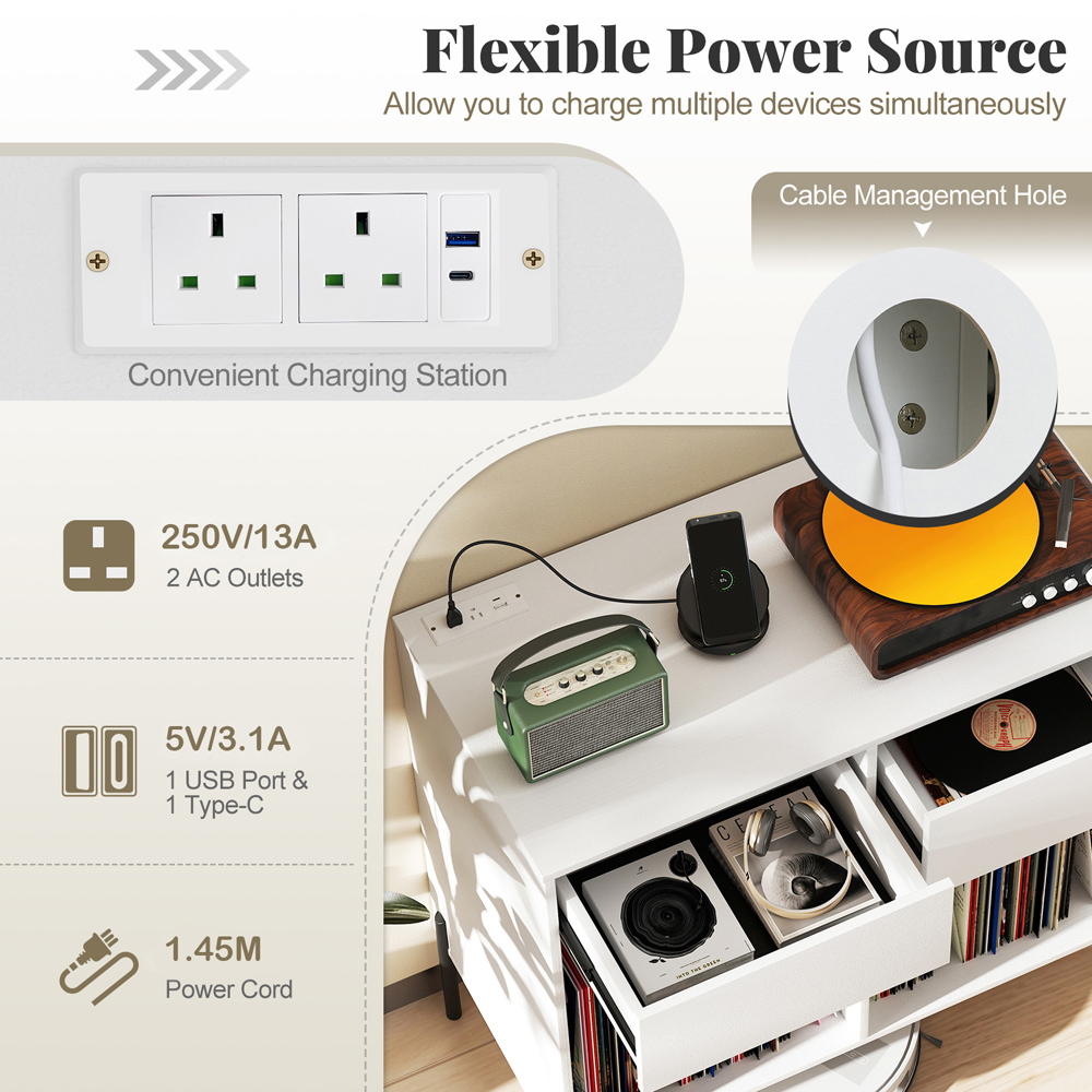 Costway 2 Drawer White Record Player Stand with Power Outlet Image 7