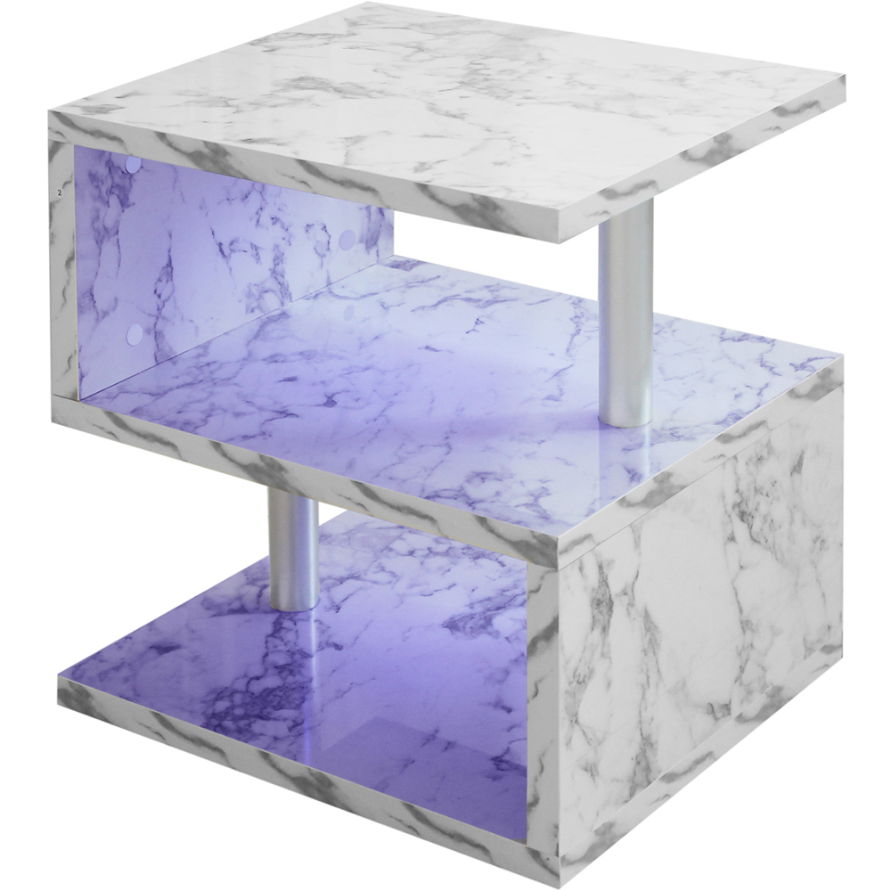 Comfy Living 2 Shelf White Marble Effect High Gloss Abstract LED Side Table Image 2