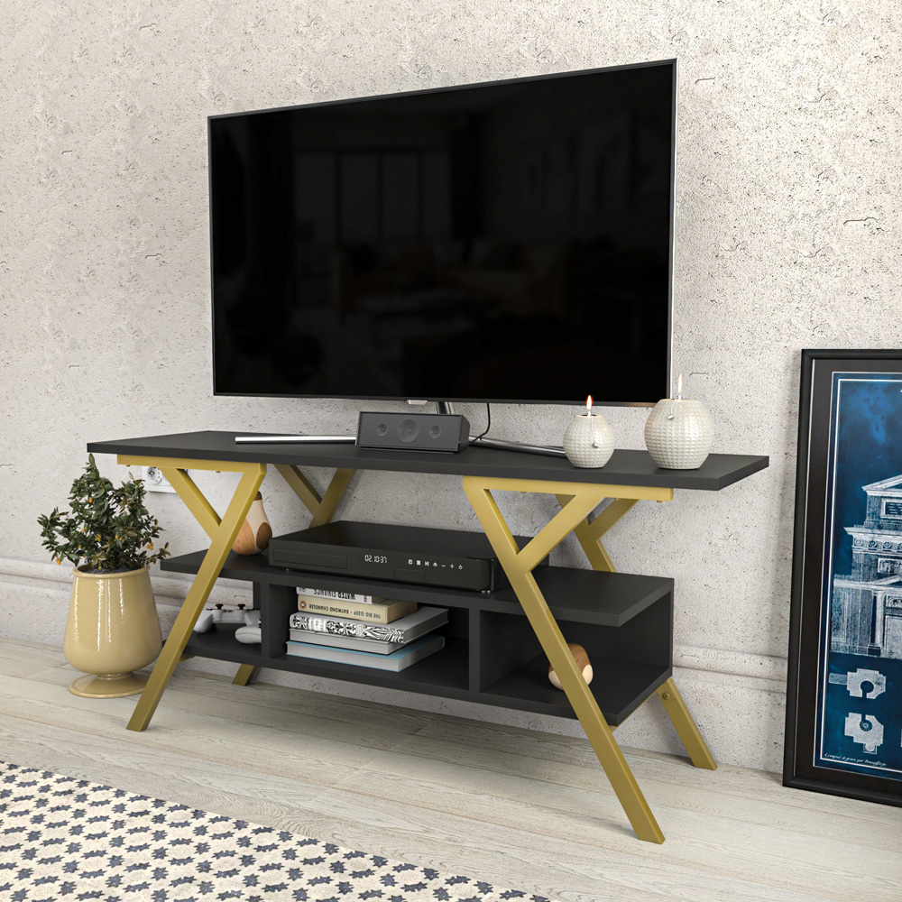 Decorotika Minerva Decorative 4 Open Shelf Gold and Anthracite TV Unit Image 5