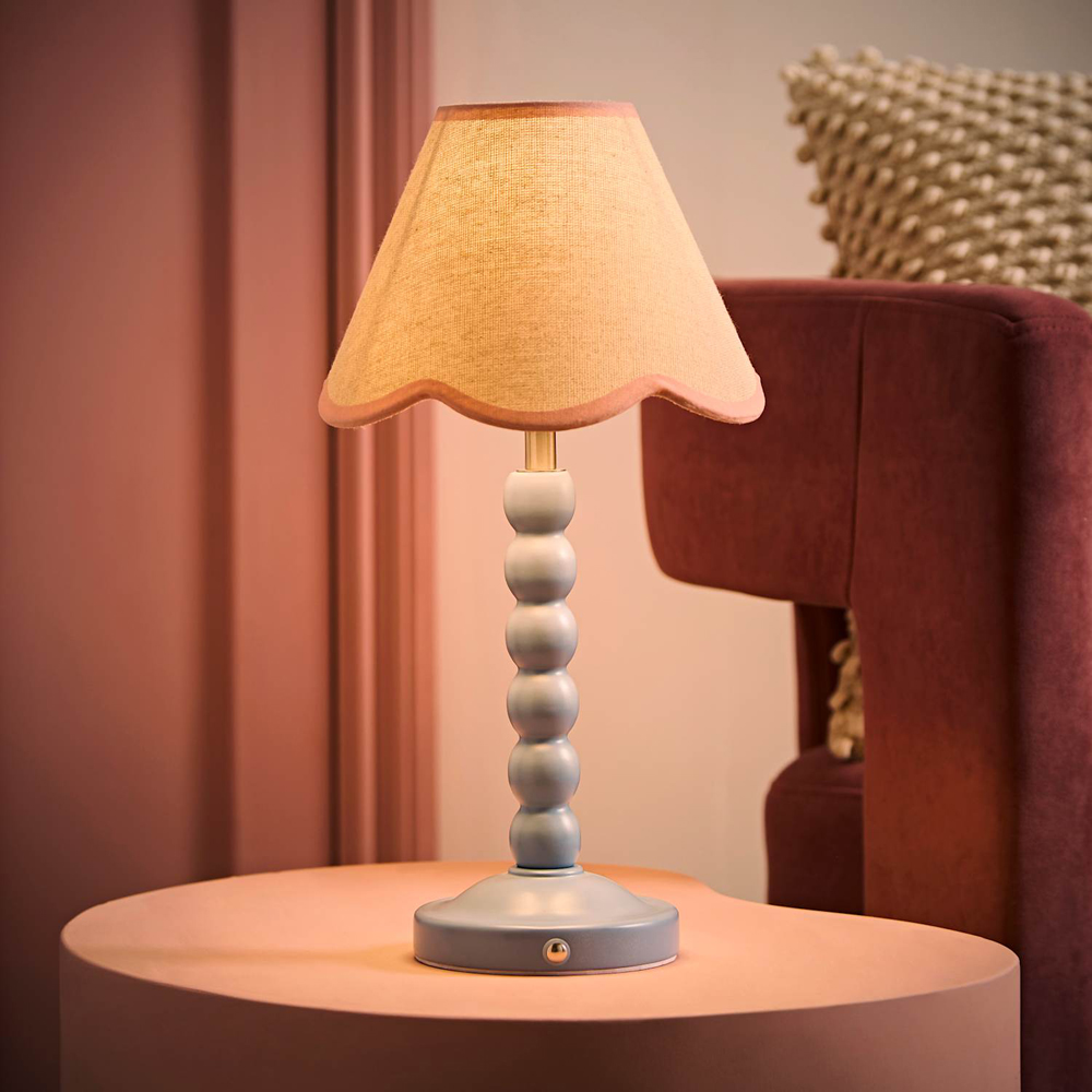ValueLights Bobble Pink Scallop Shade Blue Rechargeable Wooden LED Table Lamp Image 2