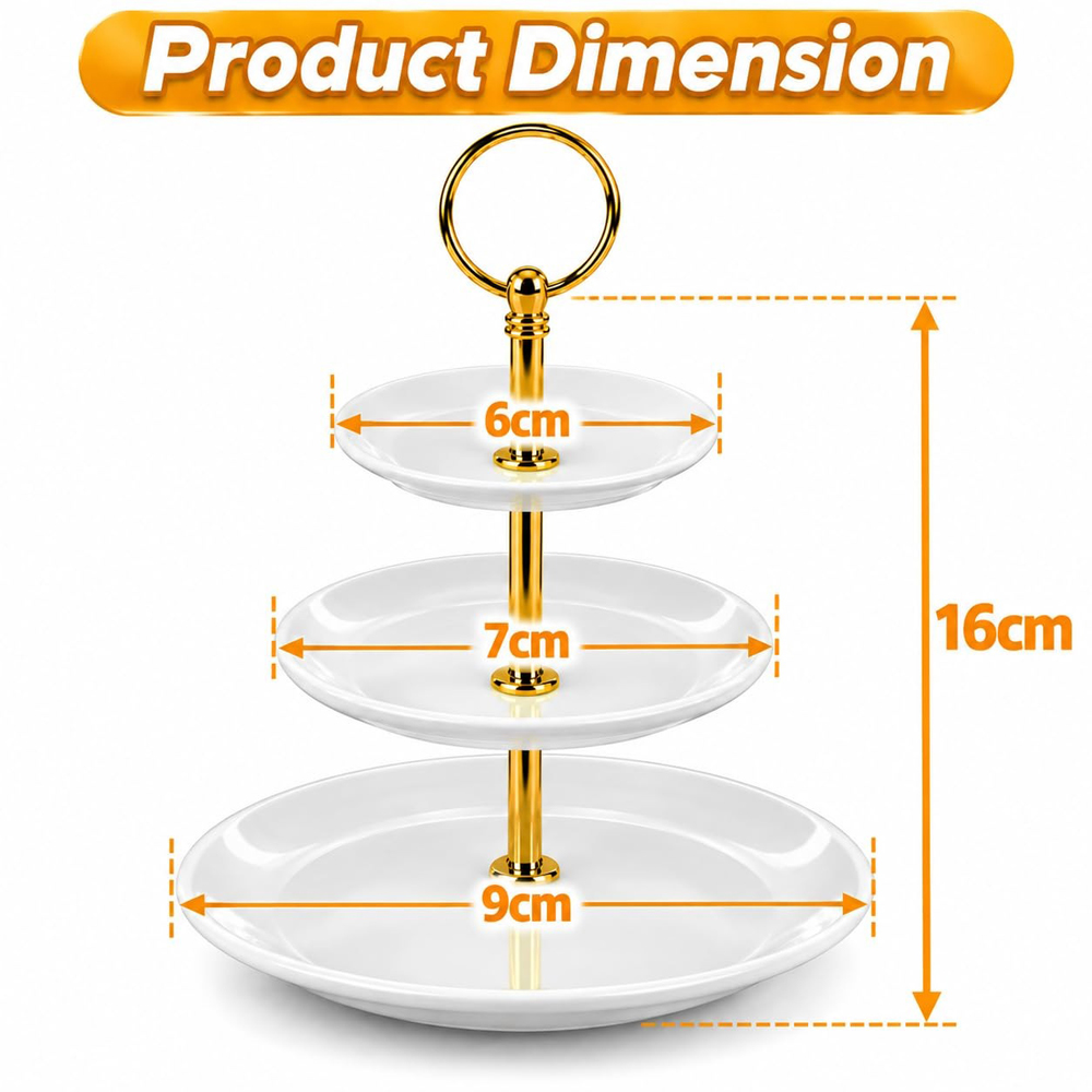 ATEK 3-Tier Ceramic Cake Serving Stand with Gold Handle Image 7
