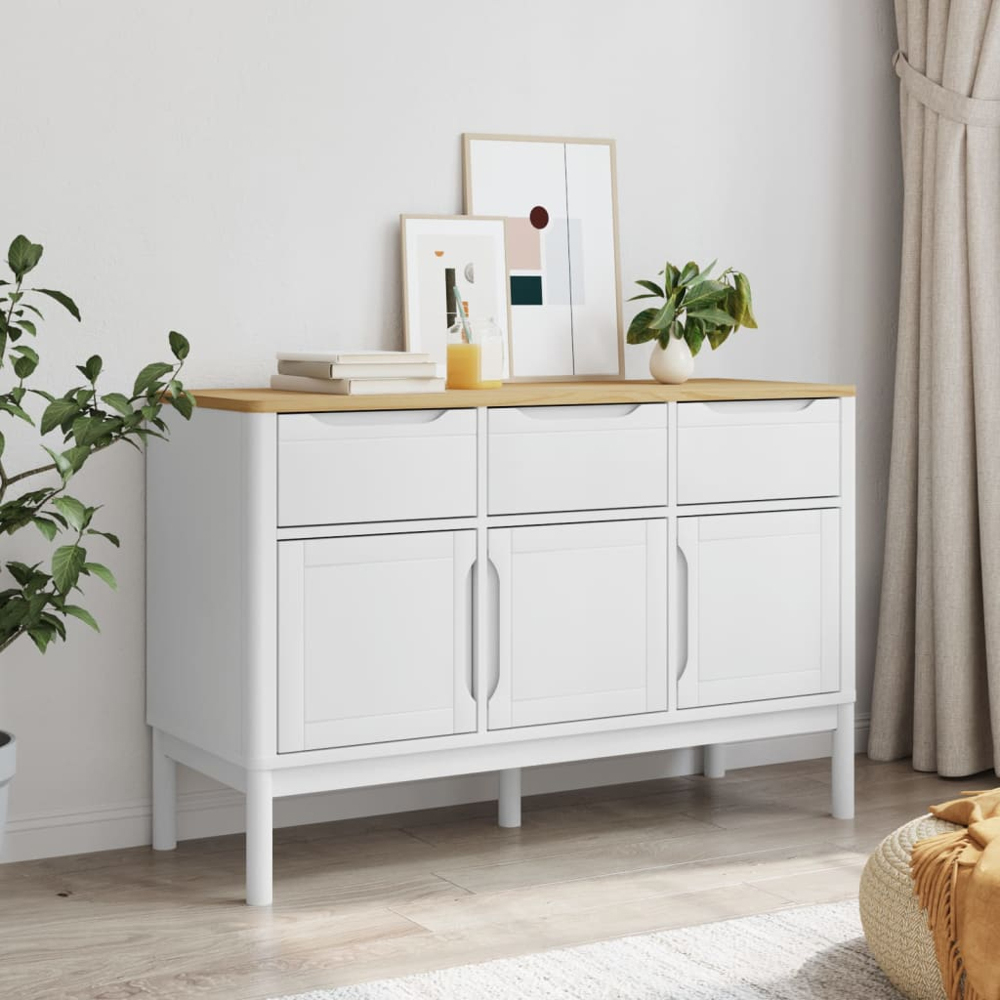 vidaXL 3 Door 3 Drawer White Solid Pine Wooden Sideboard Image 3